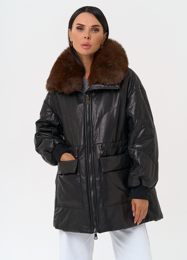 Полупальто из натуральной кожи с мехом песца модель № 76614 меха малина