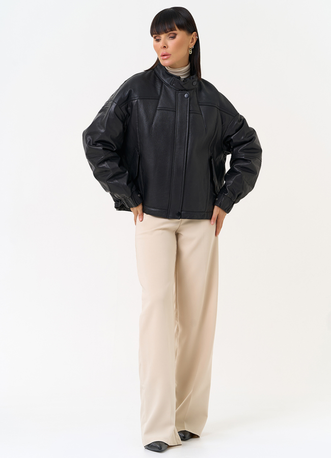 Женский пуховик из натуральной кожи черного цвета модель № 31691 в кредит