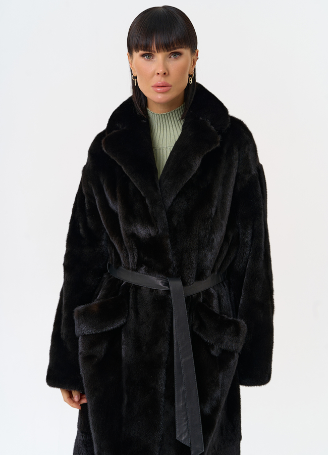 Длинная шуба из меха норки blackglama с поясом модель № 31636 универмаг малина