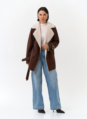 Женская дубленка из эко замши с английским воротником