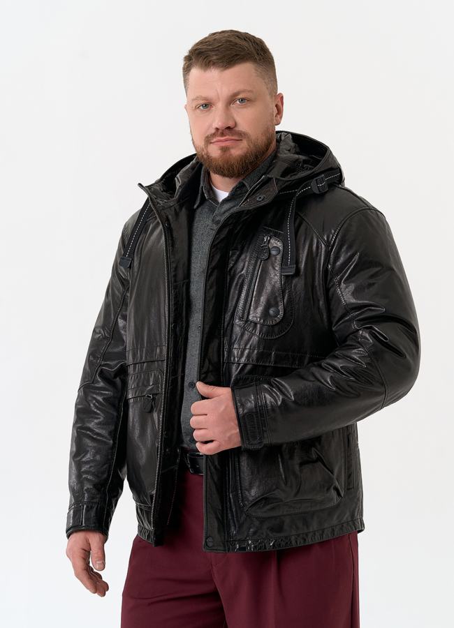 фото Мужская куртка из натуральной кожи с капюшоном модель № 32548