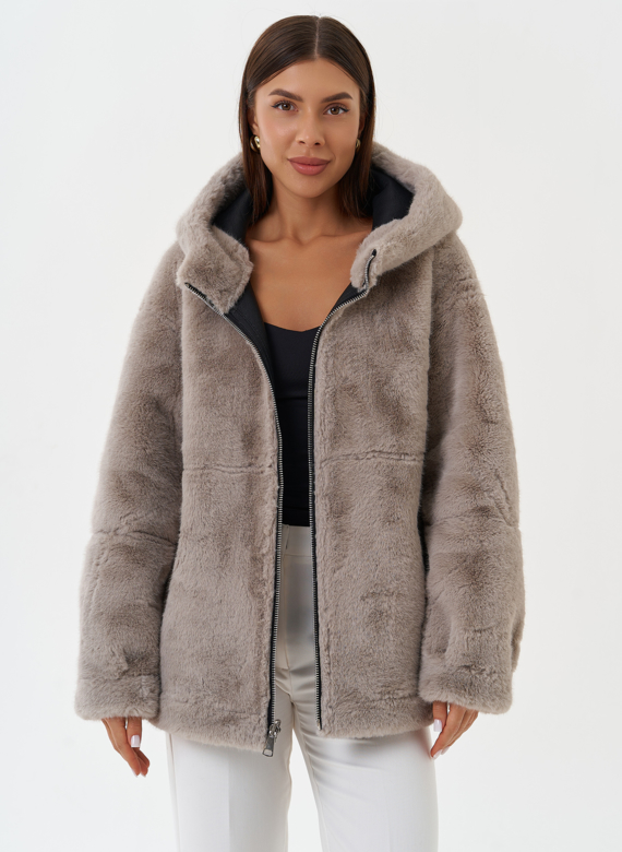 Женская эко дубленка с капюшоном