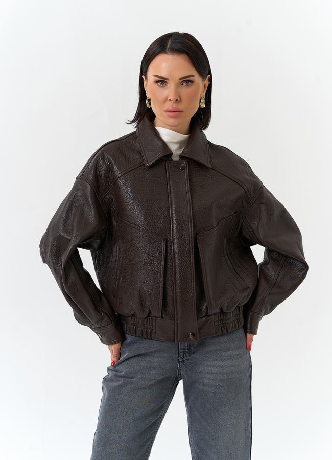 Женская куртка бомбер из натуральной кожи модель № 32527 меха малина